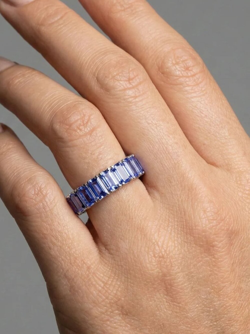 Emerald-Cut Tanzanite 14K (18K Custom) White Gold Eternity Band Ring - Picture 2 of 3